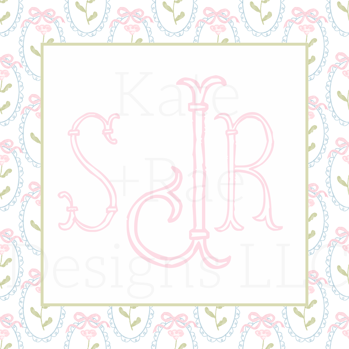 Pink Watercolor Florals in Scalloped Frame with Bows Seamless Pattern: Pink SJR monogram mockup on a watercolor floral scalloped frame pattern with bows