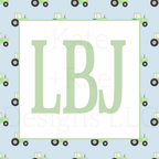 Green Tractor Watercolor Seamless Pattern with Blue Background: Green LBJ monogram mockup on a watercolor tractor pattern with a light blue background