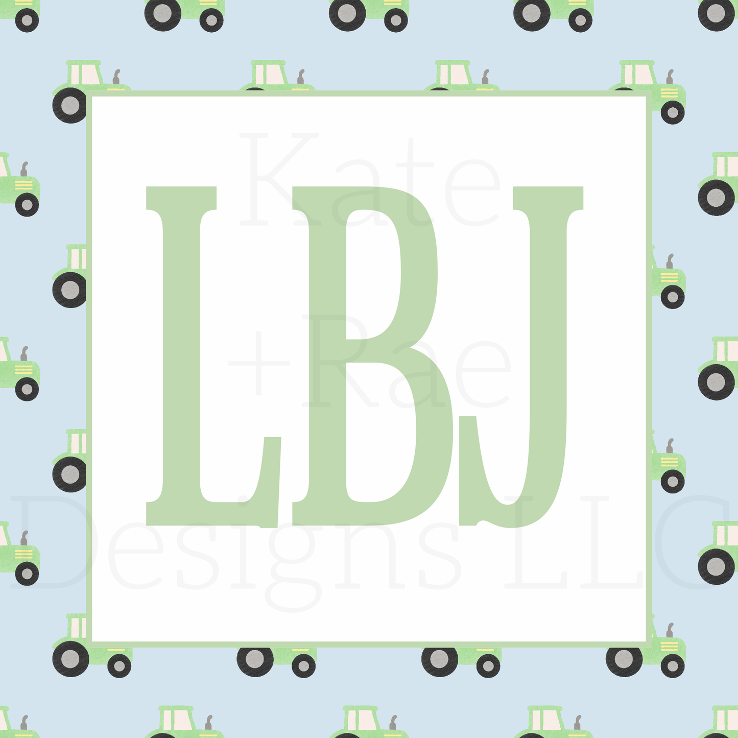Green Tractor Watercolor Seamless Pattern with Blue Background