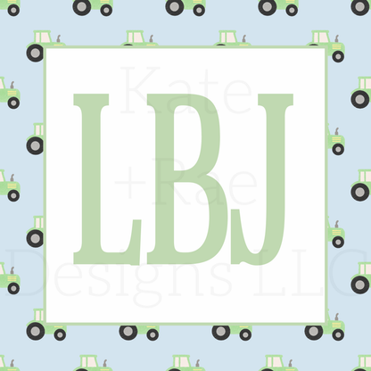 Green Tractor Watercolor Seamless Pattern with Blue Background