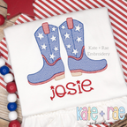 Patriotic Cowboy / Cowgirl Boots Sketch Stitch Embroidery Design: Blue cowboy boots with white stars above the name josie in red on a white shirt