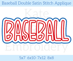 Baseball Double Satin Stitch Applique Embroidery Design: Design preview of the word BASEBALL in red letters with a white and blue double outline, available in 5x7, 6x10, 7x12, and 8x8