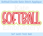 Softball Double Satin Stitch Applique Embroidery Design: Design preview of the word SOFTBALL in red letters with a white and yellow double outline, available in 5x7, 6x10, 7x12, and 8x8