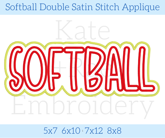 Softball Double Satin Stitch Applique Embroidery Design: Design preview of the word SOFTBALL in red letters with a white and yellow double outline, available in 5x7, 6x10, 7x12, and 8x8