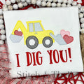 Backhoe Valentine's Day Sketch Stitch Embroidery Design: Sketch stitch backhoe scooping hearts above the words I Dig You on a white shirt