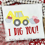 Backhoe Valentine's Day Sketch Stitch Embroidery Design: Sketch stitch backhoe scooping hearts above the words I Dig You on a white shirt