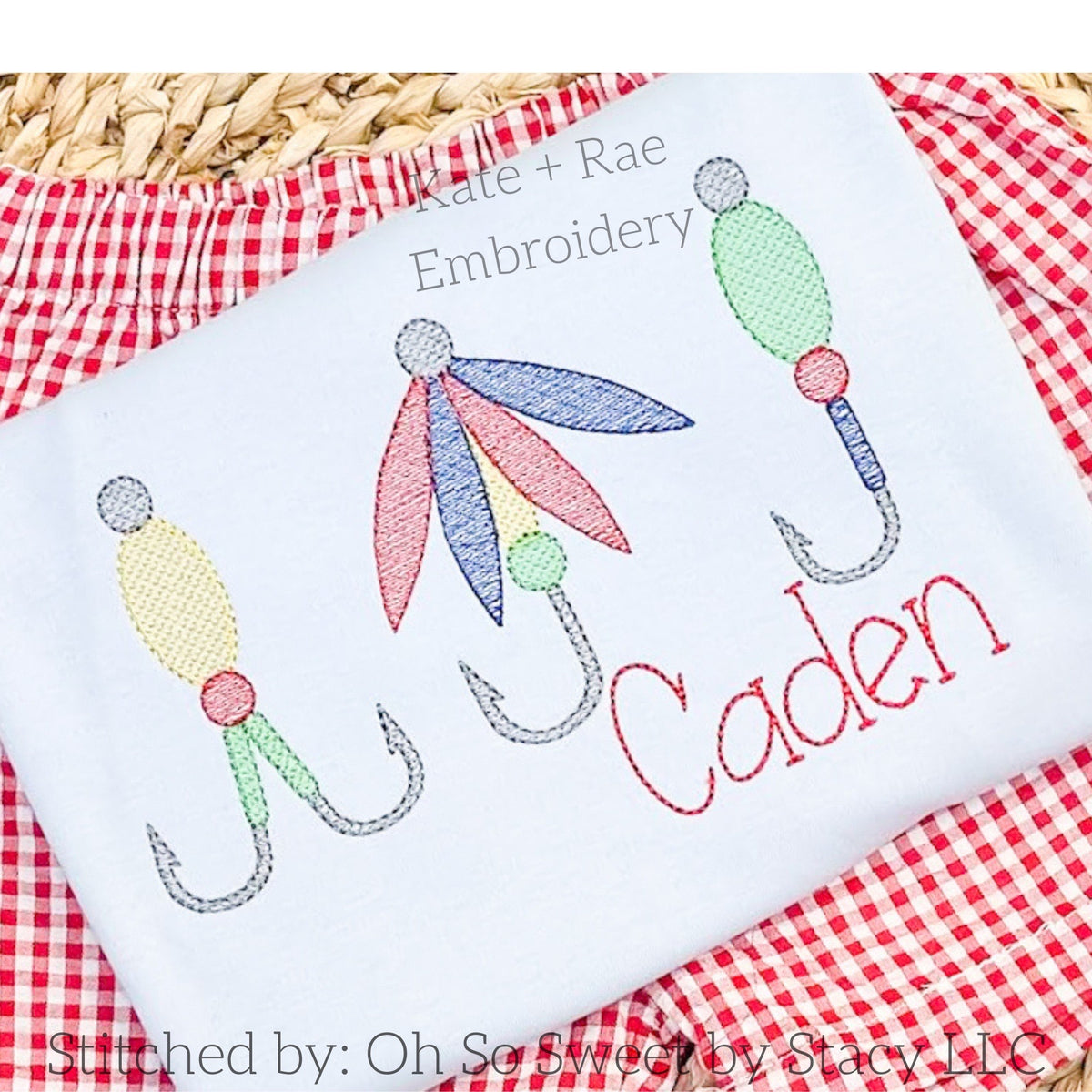 Fishing Lure Trio Sketch Stitch Embroidery Design: Three sketch stitch fishing lures above the name Caden in red script on a white shirt over red gingham