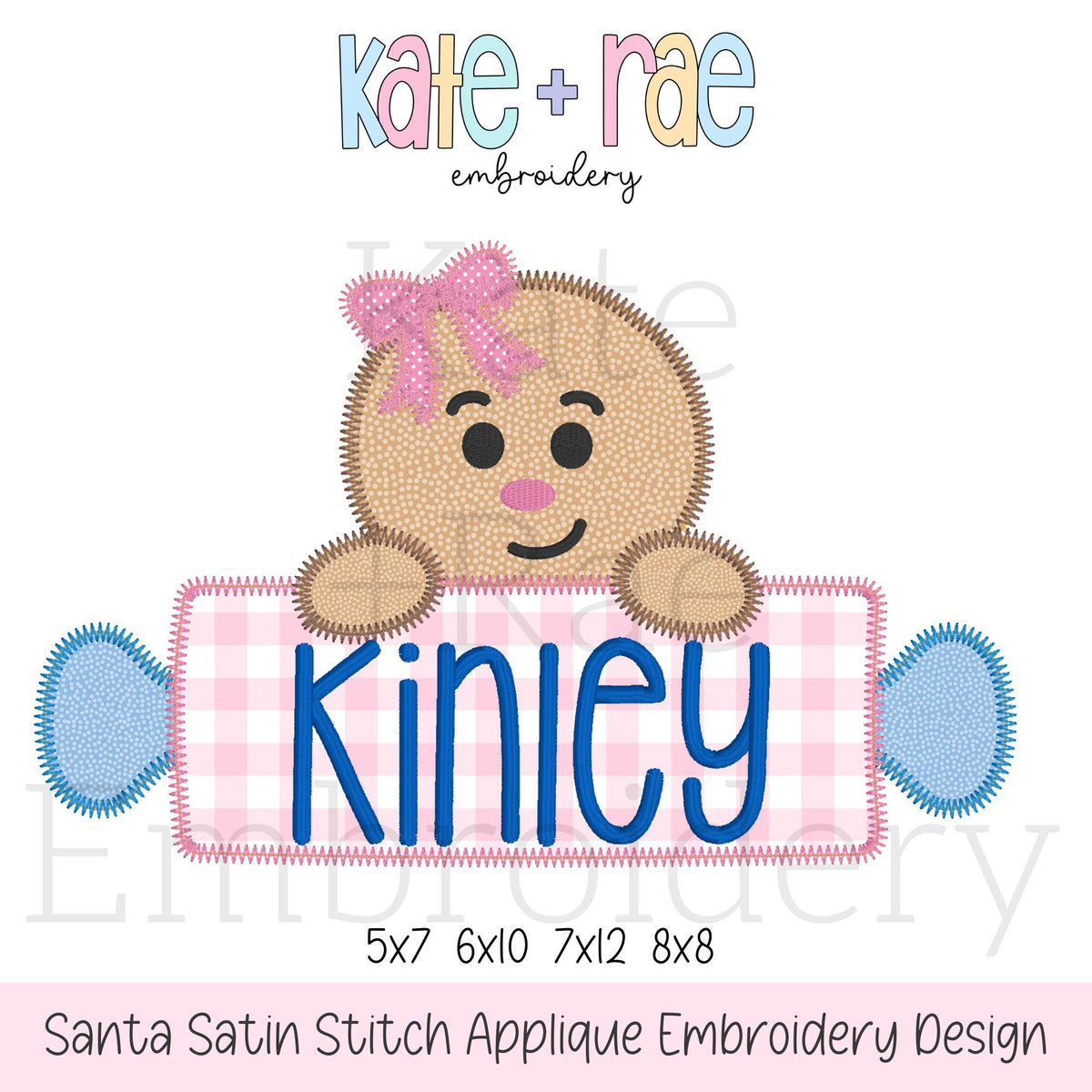 Gingerbread Girl with Rolling Pin Name Plate Zigzag Applique Embroidery Design: Design preview of a gingerbread girl with a pink bow holding a pink gingham candy name plate reading Kinley, available in 5x7, 6x10, 7x12, and 8x8
