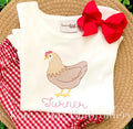 Chicken Sketch Stitch Embroidery Design: Tan sketch stitch hen above the name Turner in pink script on a white shirt with a red hair bow