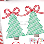 Girls Motif Fill Christmas Tree Trio with Connecting Bows Embroidery Design: Close-up of green motif fill Christmas trees linked by red bows