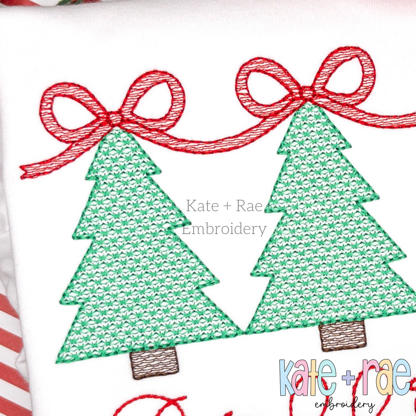 Girls Motif Fill Christmas Tree Trio with Connecting Bows Embroidery Design