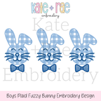 Boy's Plaid Fuzzy Easter Bunny Trio Sketch Stitch Embroidery Design: Design preview of three smiling blue plaid fuzzy bunnies with navy bow ties