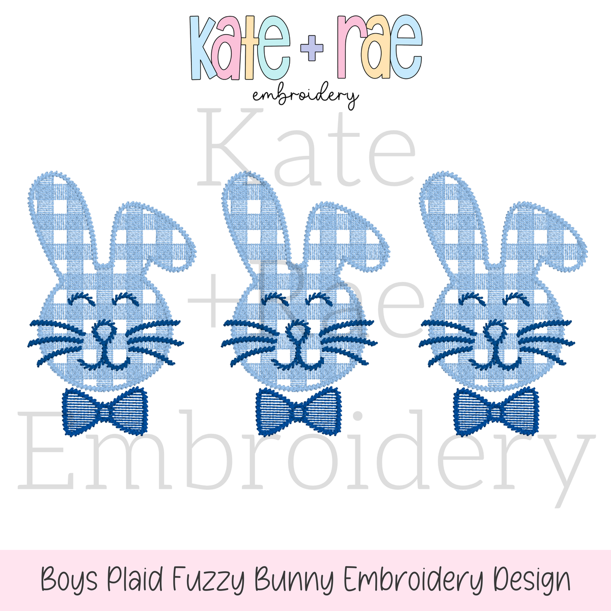 Boy's Plaid Fuzzy Easter Bunny Trio Sketch Stitch Embroidery Design: Design preview of three smiling blue plaid fuzzy bunnies with navy bow ties