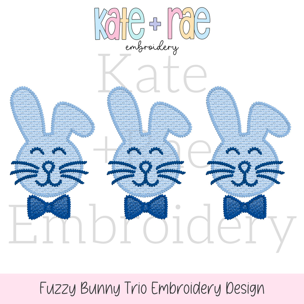 Boy's Fuzzy Easter Bunny Trio Sketch Stitch Embroidery Design: Design preview of three smiling fuzzy blue bunnies with navy bow ties