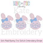 Girl's Plaid Fuzzy Easter Bunny Trio Sketch Stitch Embroidery Design: Design preview of three pink plaid sketch bunnies with blue bows