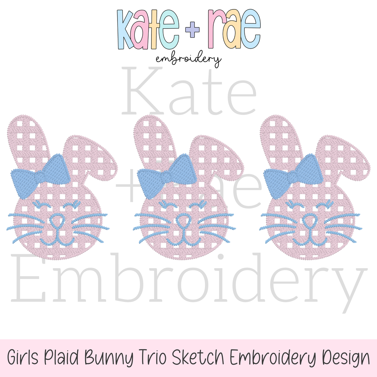 Girl's Plaid Fuzzy Easter Bunny Trio Sketch Stitch Embroidery Design: Design preview of three pink plaid sketch bunnies with blue bows