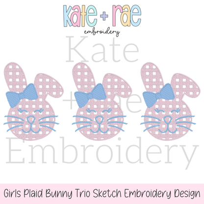 Girl's Plaid Fuzzy Easter Bunny Trio Sketch Stitch Embroidery Design