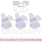 Girl's Fuzzy Easter Bunny Trio Sketch Stitch Embroidery Design: Design preview of three pink fuzzy bunnies with blue bows and lashes