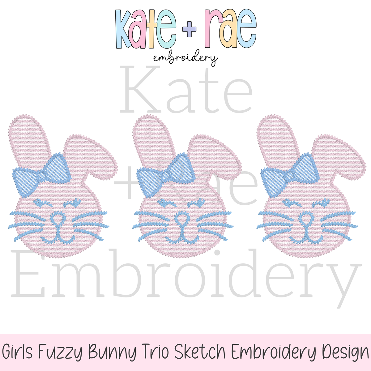 Girl's Fuzzy Easter Bunny Trio Sketch Stitch Embroidery Design: Design preview of three pink fuzzy bunnies with blue bows and lashes