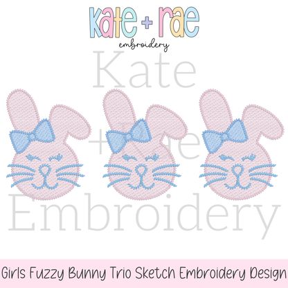 Girl's Fuzzy Easter Bunny Trio Sketch Stitch Embroidery Design