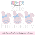 Girl's Easter Bunny Trio Sketch Stitch Embroidery Design: Design preview of three pink sketch bunnies with blue bows and closed eyes