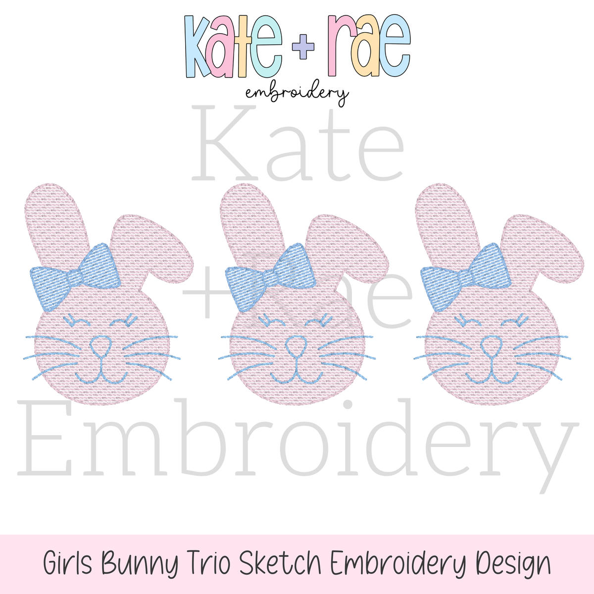 Girl's Easter Bunny Trio Sketch Stitch Embroidery Design: Design preview of three pink sketch bunnies with blue bows and closed eyes