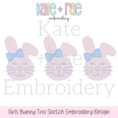 Girl's Easter Bunny Trio Sketch Stitch Embroidery Design